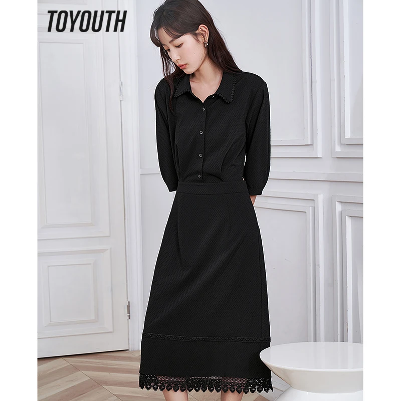 Toyouth Women Fake Two Piece Dress 2023 Summer Half Sleeve Polo Neck Lace Jacquard Elegant High-quality Design Mid-length Skirt