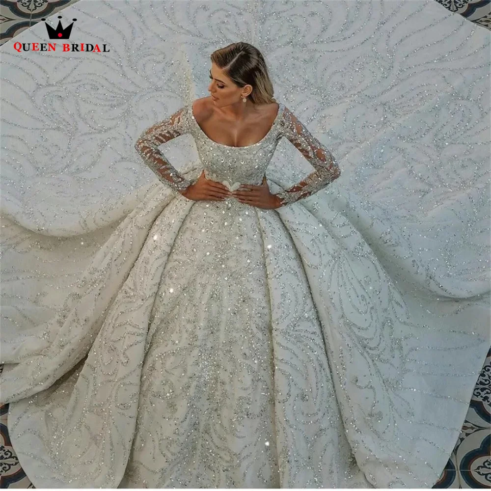 

Custom Made Luxury Ball Gown Weddding Dresses Puffy Long Sleeve Sequins Tulle Crystal Beaded Diamond Formal Bridal Gowns SD17
