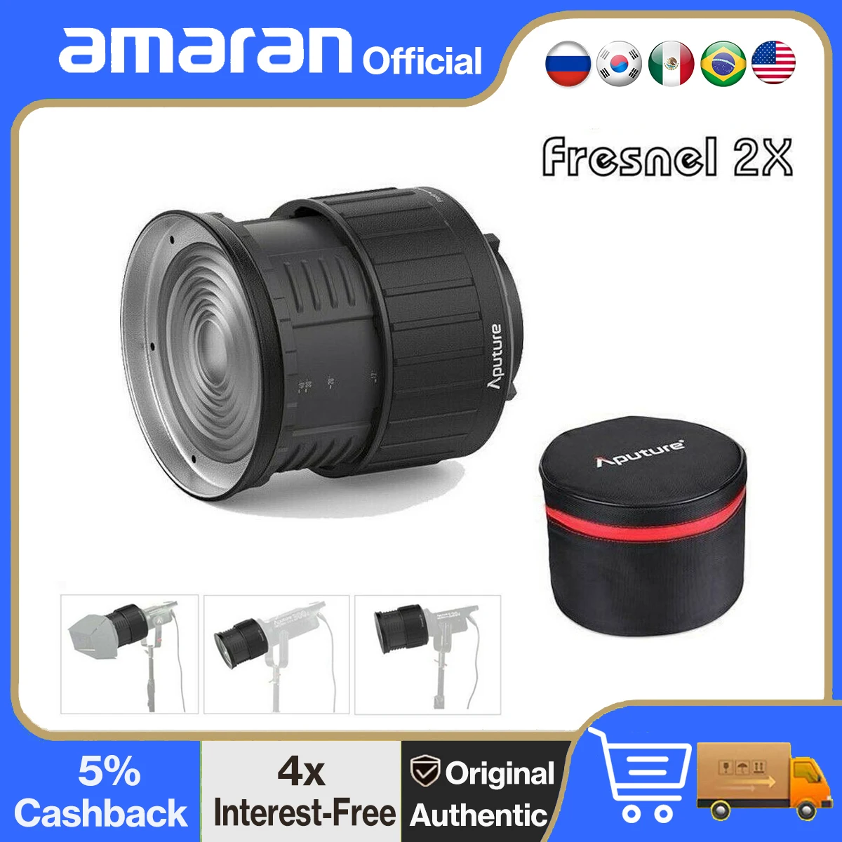 Aputure Fresnel 2x Bowen-S Mount Light for Amaran 300C 150C 300d II LS C300 Ⅱ 200xS Spot Lens