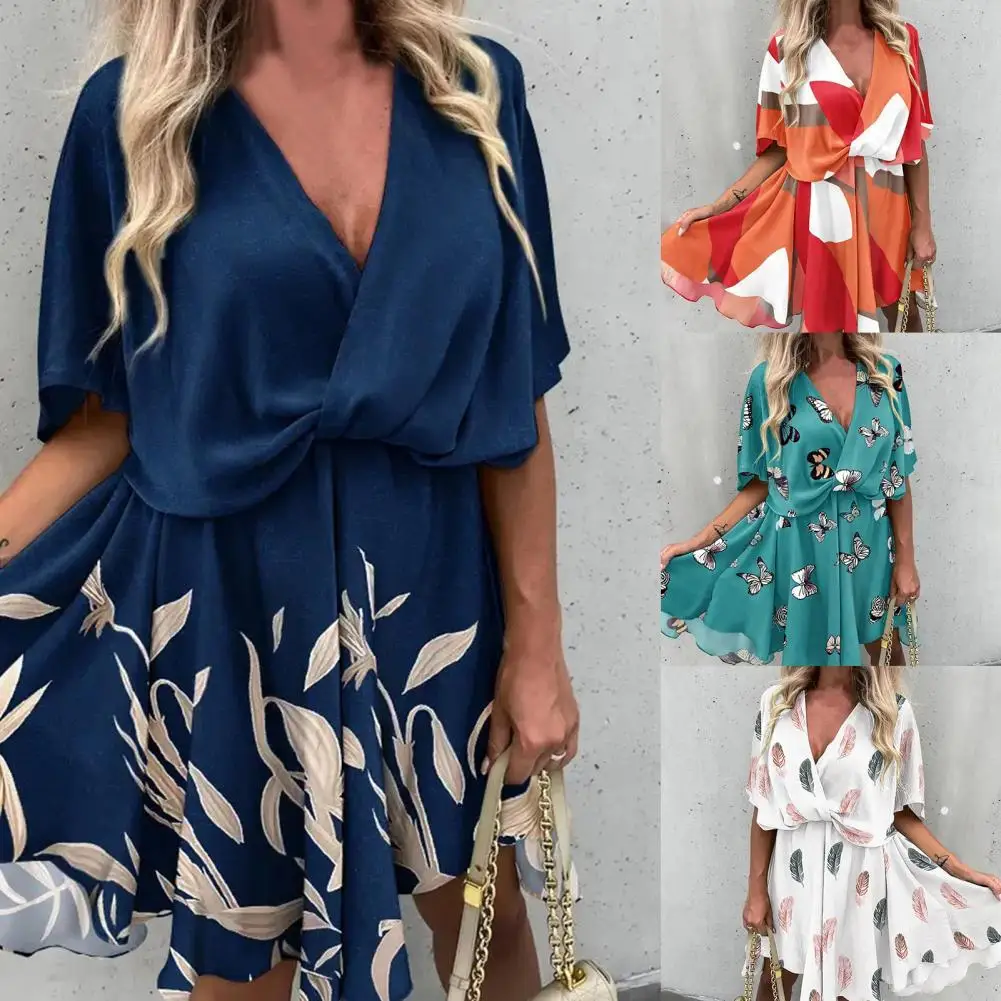 

Stylish Beach dress Loose Flying Hem Party Dress Fashion Leaves Print Beach Short Dress