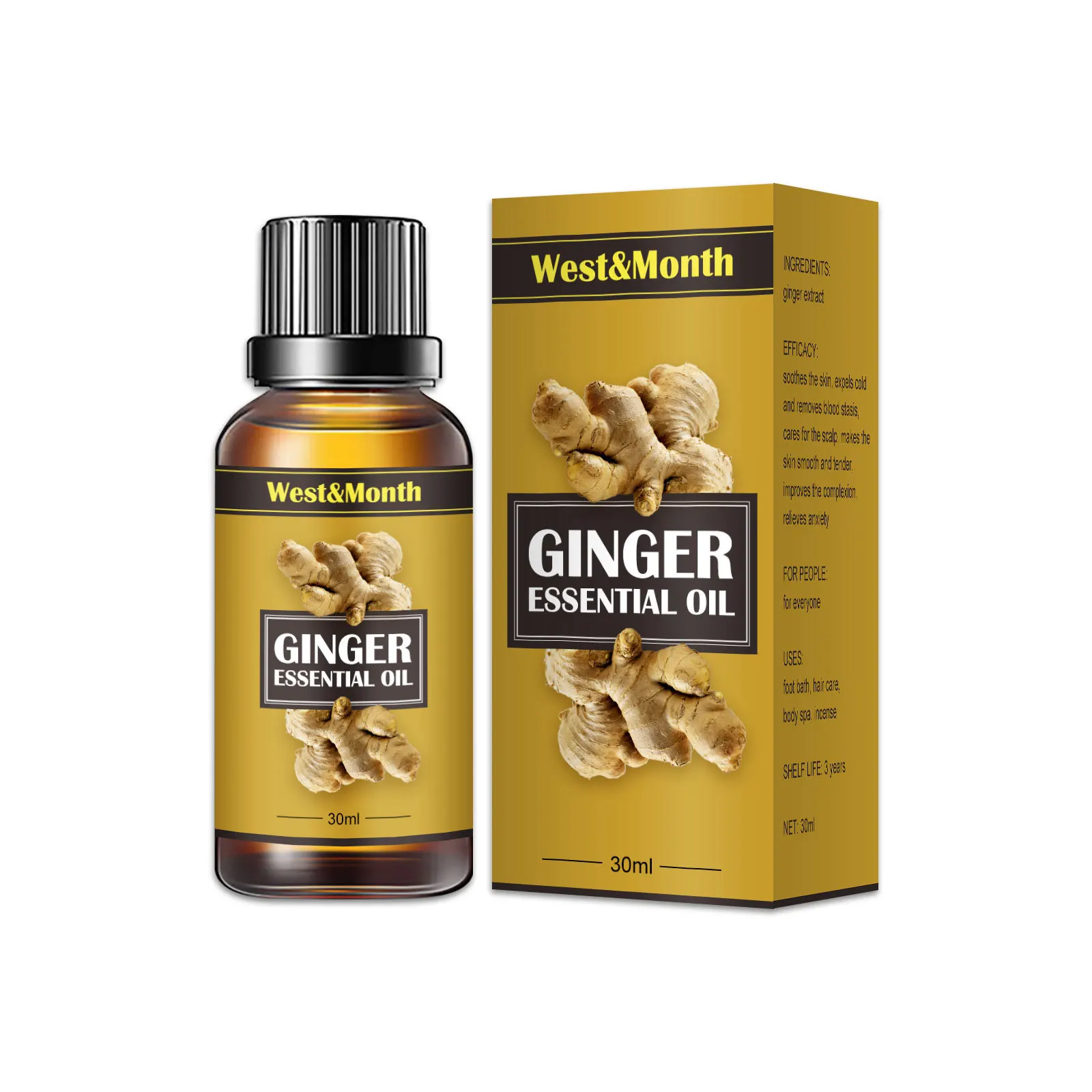 30ml/bottle*3 Natural Ginger Oil Drainage Therapy Anti Aging Plant Essential Promote Metabolism Full Body Slim Massage Oils |