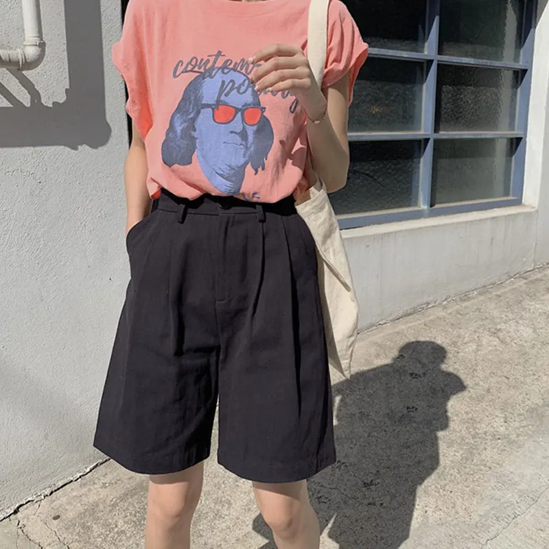 Summer Casual Wide Leg Shorts for Women Korea High Waist Black Shorts Oversize Loose Button Solid Classic Shorts Plus Size 4XL