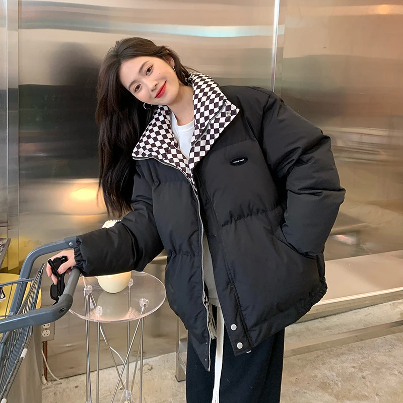 

GY1062 Winter Korean 2022 New Loose Fashion Chess Pattern Design Cotton Coat Bread Coat Long Sleeve Coat