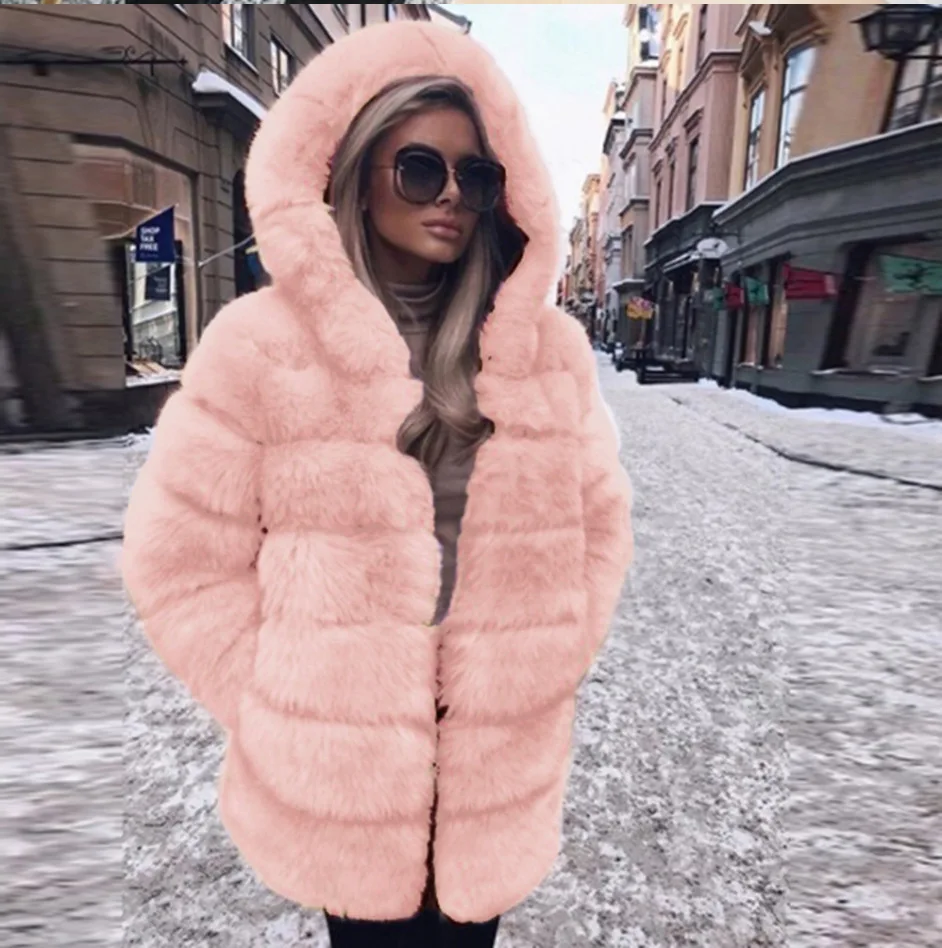 Women Loose Long High Qulilty Luxury Fake Fur Coat Fox Fur Jacket with Big Fur Hood Full Sleeve Winter Fashion Warm Thick Fur
