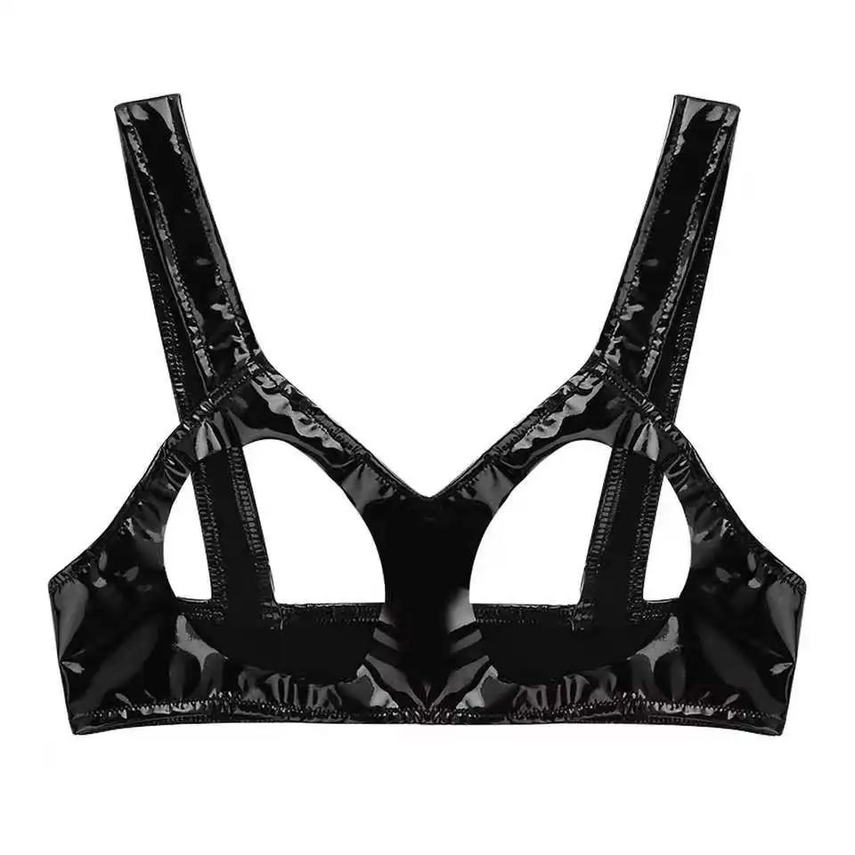 

Women Sexy Leather Bra Erotic Breast Exposing Ladies Open Cup Latex Bra Glossy Shaping Patent Leather Tops See Through Bra