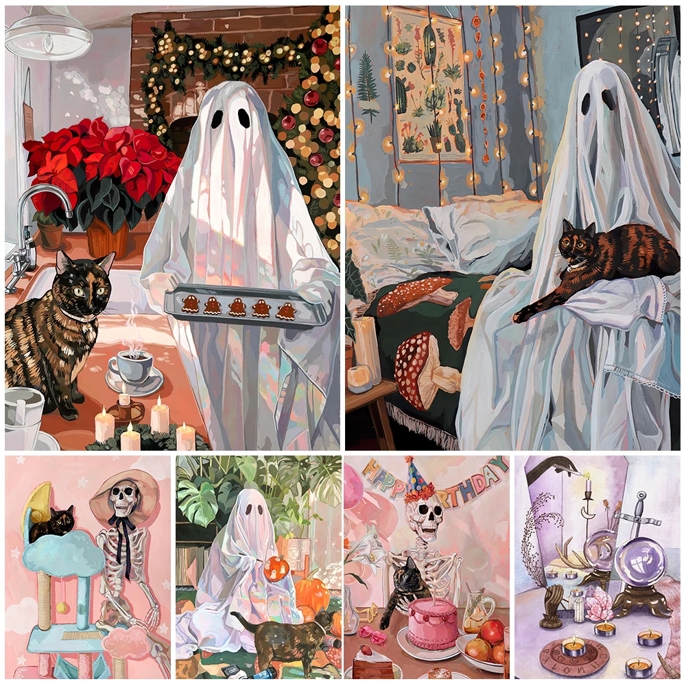 

The Birthday Party Of The Skeleton Ghost Wall Art Canvas Painting The Daily Life Of Lovely Ghosts Art Poster Print Home Decor