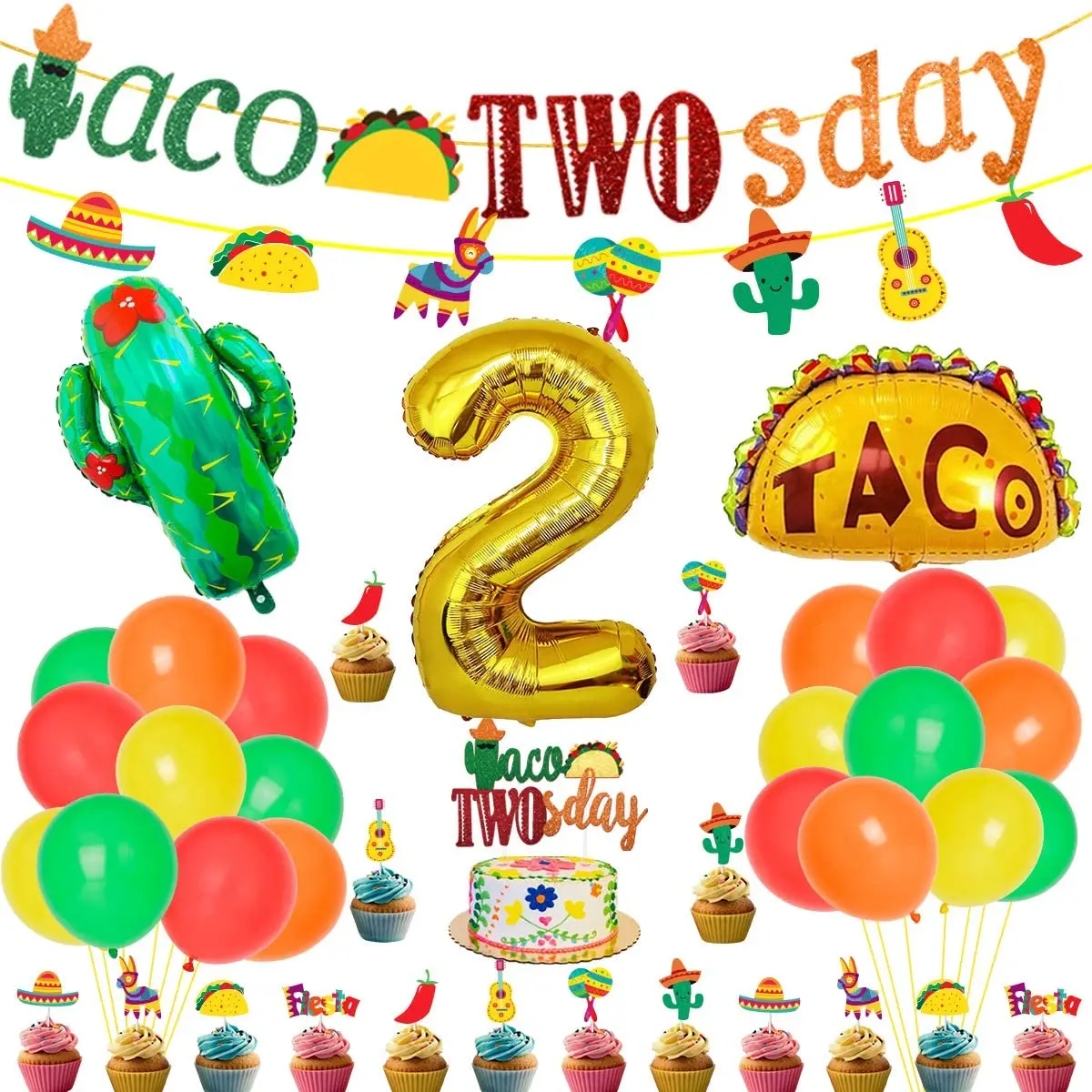 

Mexican Fiesta 2nd Birthday Party Decorations Taco Twosday Banner Cake Topper Cactus Foil Balloons for Mexican Second Birthday