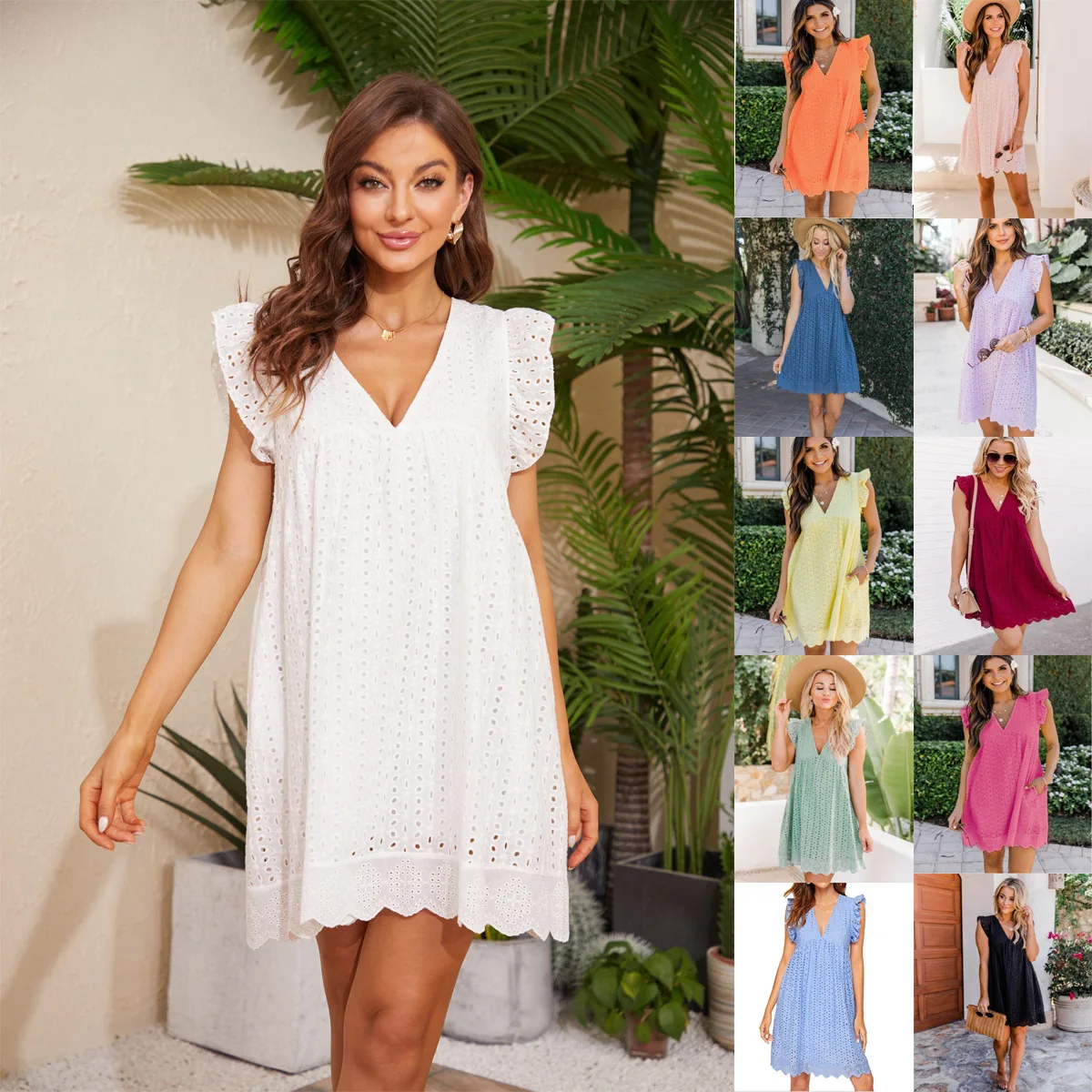 

Andrew guo 2023 Summer New Fashion Jacquard Hollow Out Women Dress Simple V-neck Flying Sleeves Female Short Vestidos
