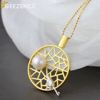 geezenca s925 sterling silver gold plated natural pearl cat pendant for women trendy cute hollow out pendants without chain