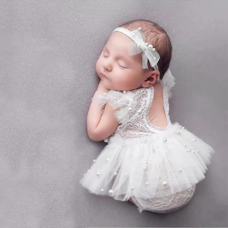 

Children's White Lace Chiffon Clothing Female Baby Photography Props Lace Pearl One-piece Dress Set Utfit Girls Outfits