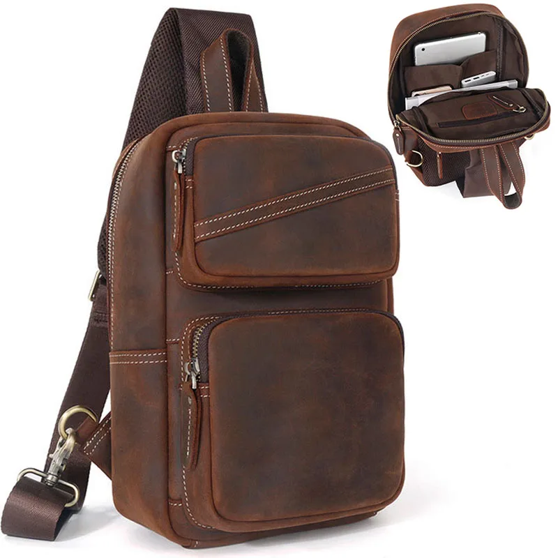 Men's Top Layer Cowhide Genuine Leather Shoulder Bag Waterproof Crossbody Bag Travel Sling Messenger Pack Chest Bag for Male