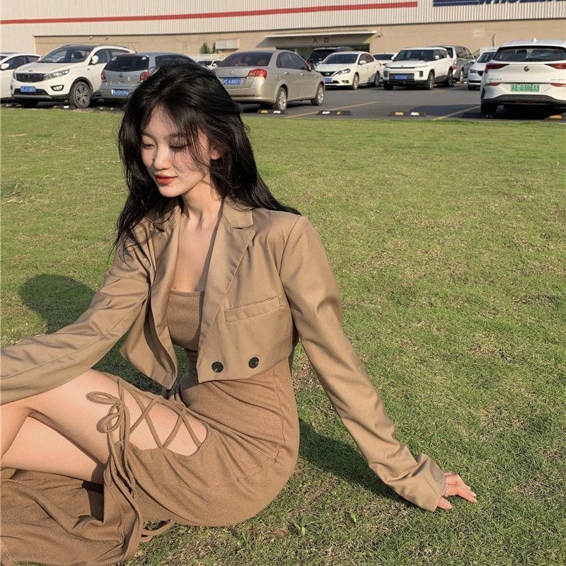 

Women Clothing 2022 Spring Autumn New Fashion Casual Two Pieces Slit Dress Slim Elegant Dress and Coat Womens Two Peice Sets