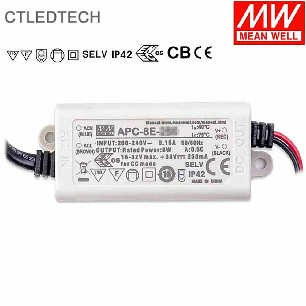 MEAN WELL APC-8E Series 8W250mA/350mA/500mA/700mA Constant Current EU Standard Small Driver Class Ⅱ IP42 for LED Ceiling Light |