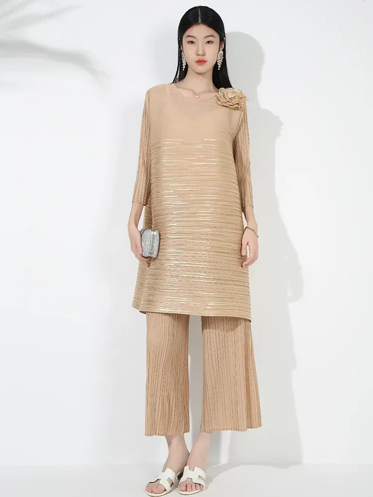 Miyake плиссированный костюм женский осенний новый высококачественный бронзовый