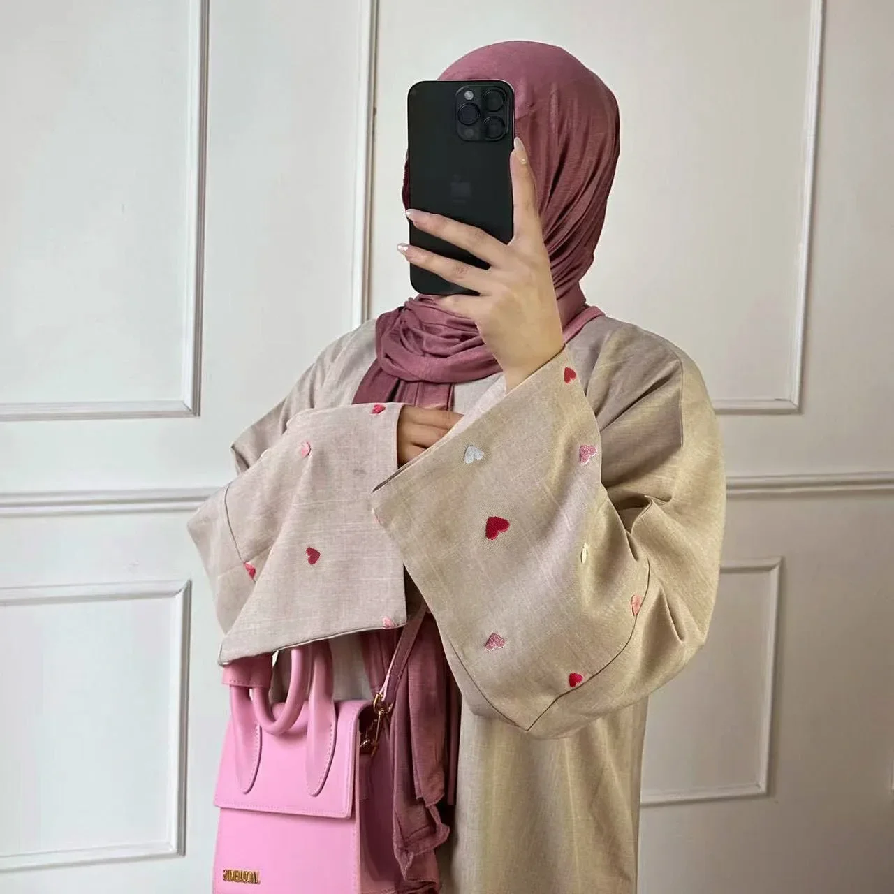 Хлопково-льняная открытая Абая с вышивкой в виде сердца мусульманские абайи для