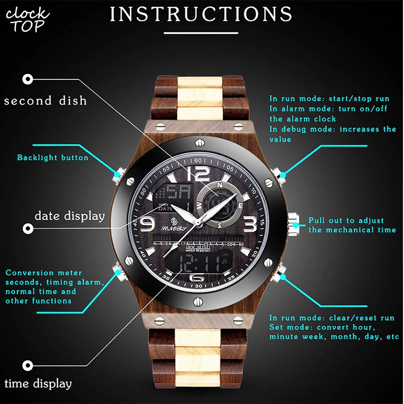 

Wood Watch Dual Time Display Digital Multifunction Wristwatch for Men Male Bamboo Wooden Chronograph Quartz Clock Back Light