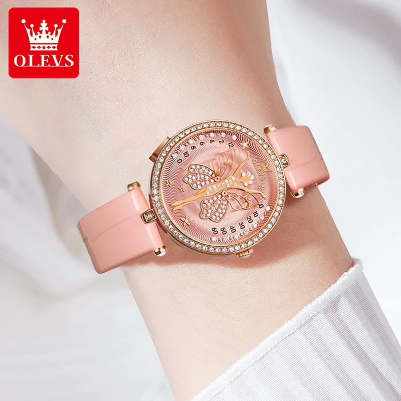 OLEVS Quartz Womens Watches New Leather Watch Luxury Diamond Set Case Casual Butterfly Dial Design 30M Waterproof Ladies Clock