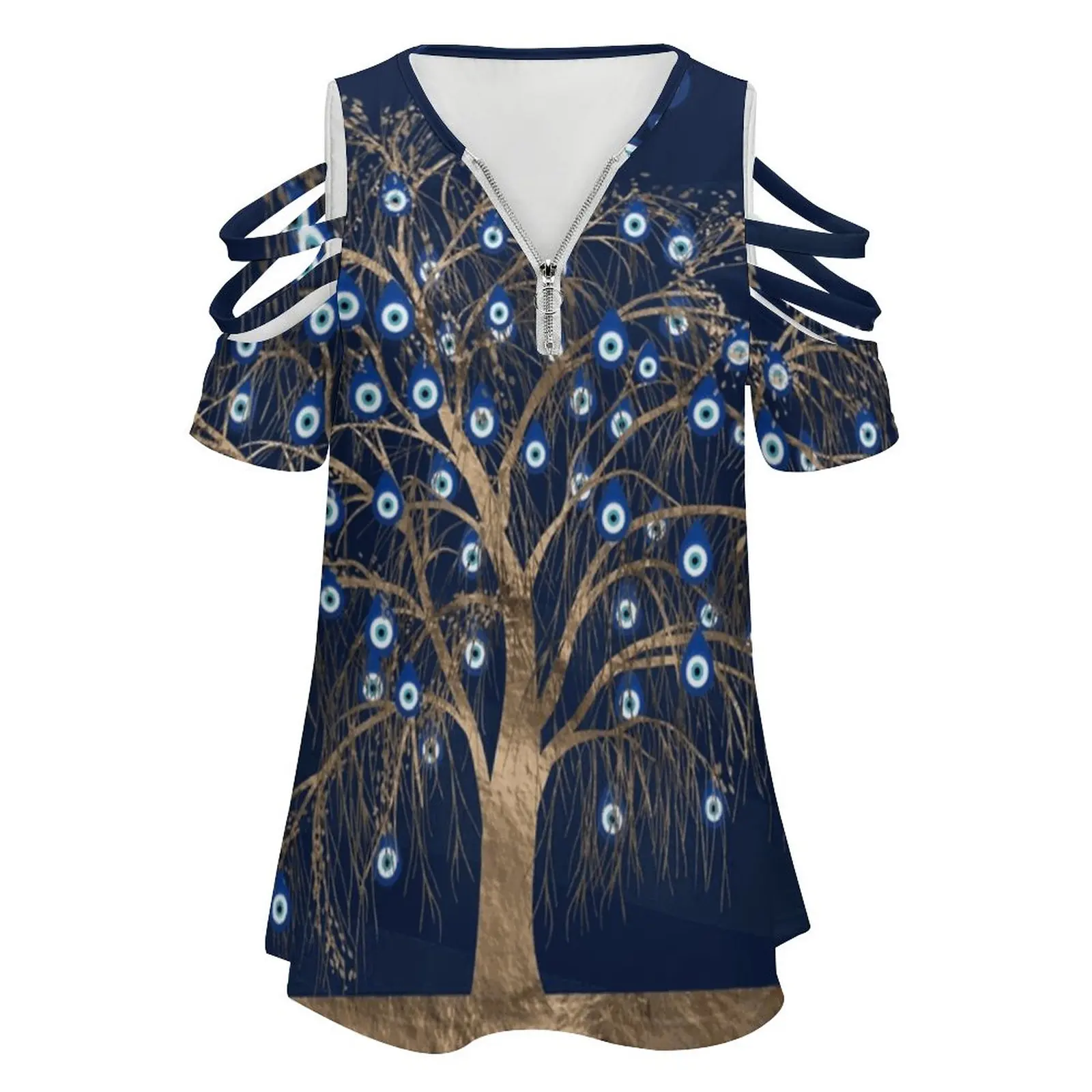 Nazar Charm Tree-Gold на темно-синем женской молнии Различные стили Футболки с принтом
