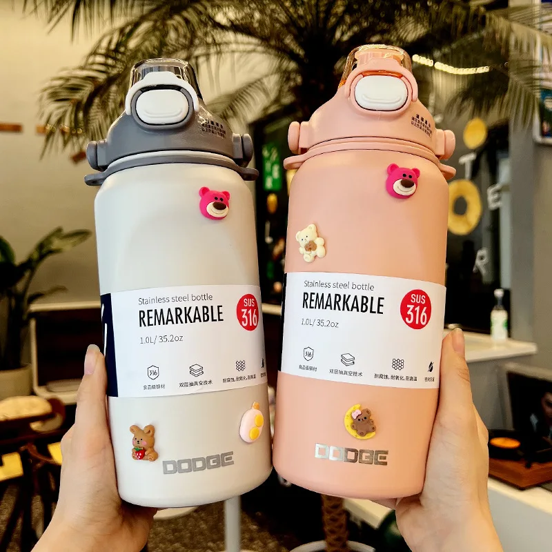 

1000ml Cute Stainless Steel Thermos Bottle Large Capacity Outdoor Sport Travel Drinking Vacuum Flask For Girls Christmas Gifts
