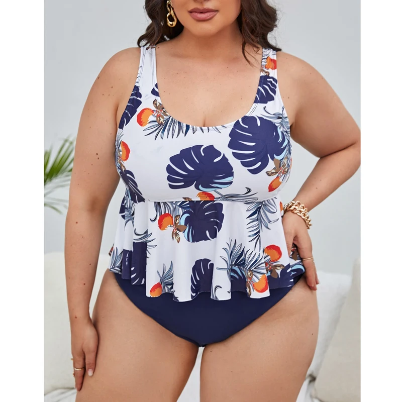 

2023 New Swimsuit for Women Two Piece Flounce Ruched Bottom Tankini Set Swimwear Bathing Suit Plus Size