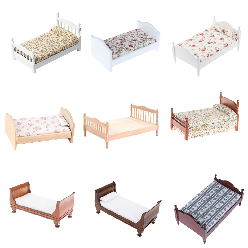 

1:12 Mini Wooden Single Double Bed With Floral Mattress Pillow Dollhouse Miniature Life Scenes Ornament Kids Pretend Play Toys