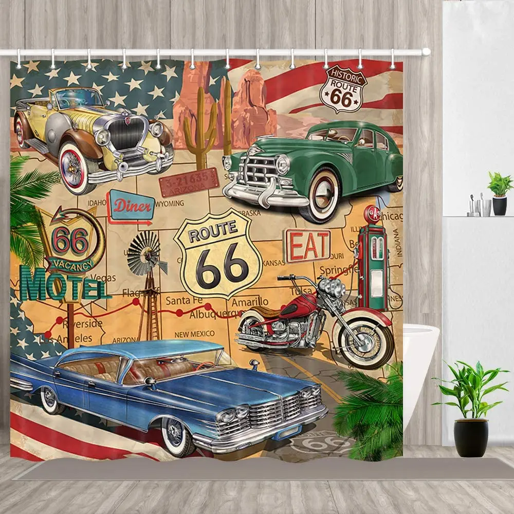 

Route 66 Shower Curtain Old Fashioned Cars Motorcycle on A Map Road Trip Bathroom Polyester Fabric Bath Curtains with Hooks