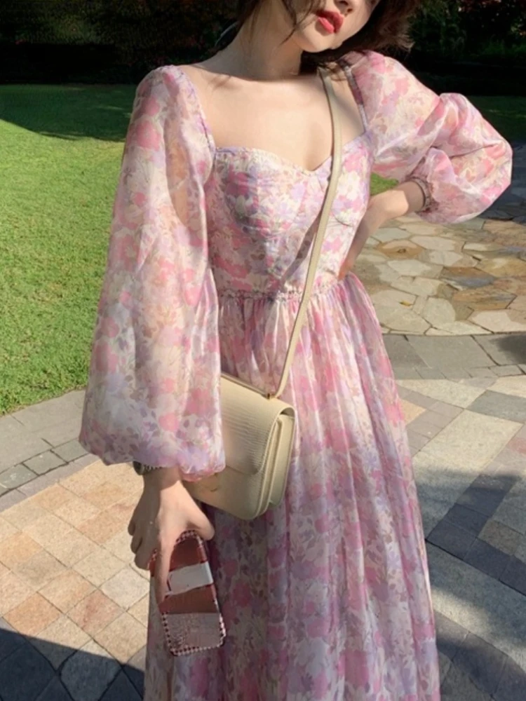

French Vintage Long Sleeve Dress Woman Fairy Elegnat Floral Midi Dress Evening Party One Piece Korean 2022 Summer Chiffon Beach