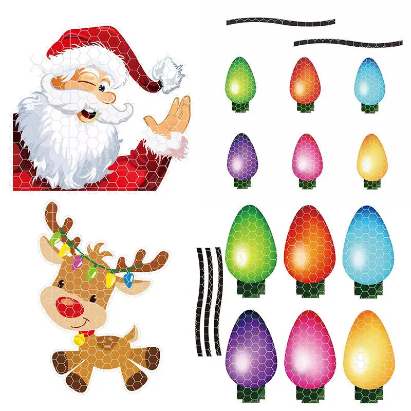 

Christmas Reflective Car Light Bulb Magnet Decor Lines DIY Self-priming Stickers Refrigerator Santa Reindeer Tree Magnet Set