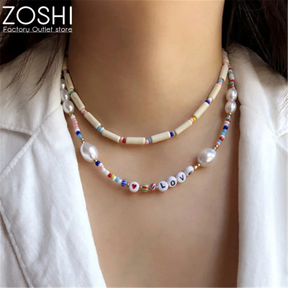 

1-3layer Beige Imitation Turquoise Stone Choker Necklace for Women Baroque Pearl Love Letter Seed Beads Necklace Boho Summer