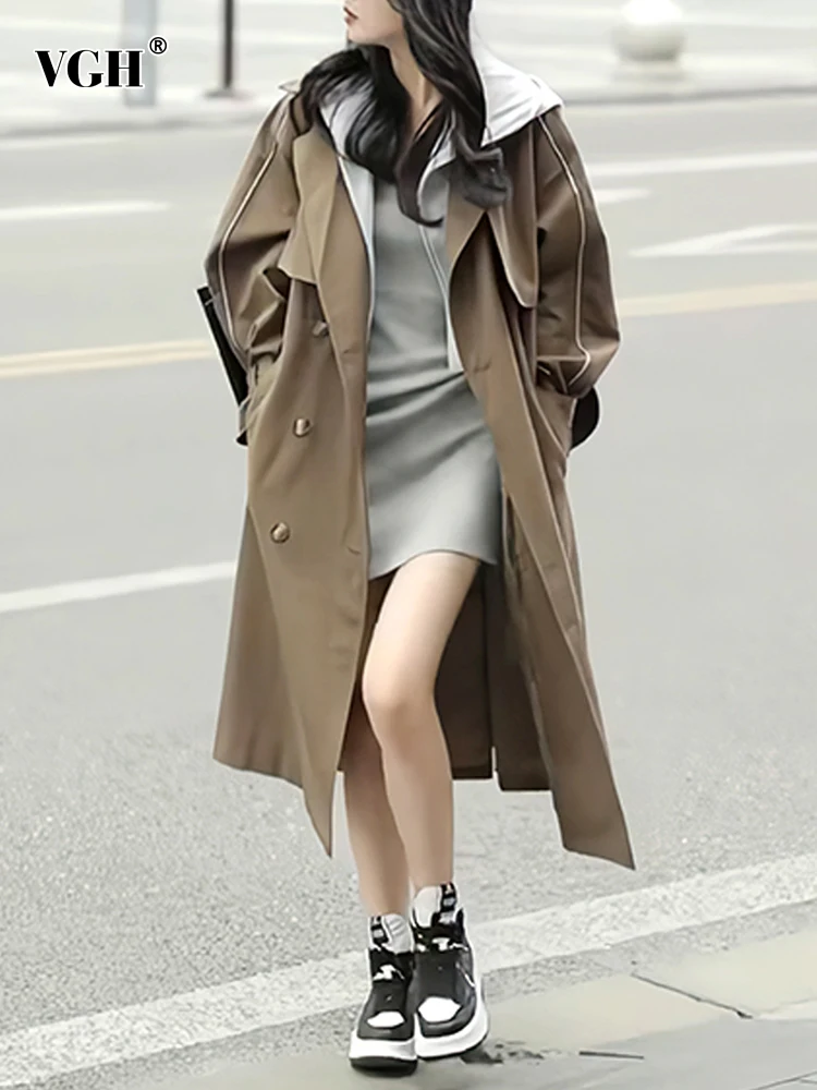 

Женский двубортный плащ VGH, повседневный прямой плащ с капюшоном и длинным рукавом, в стиле пэчворк, ветровка в уличном стиле