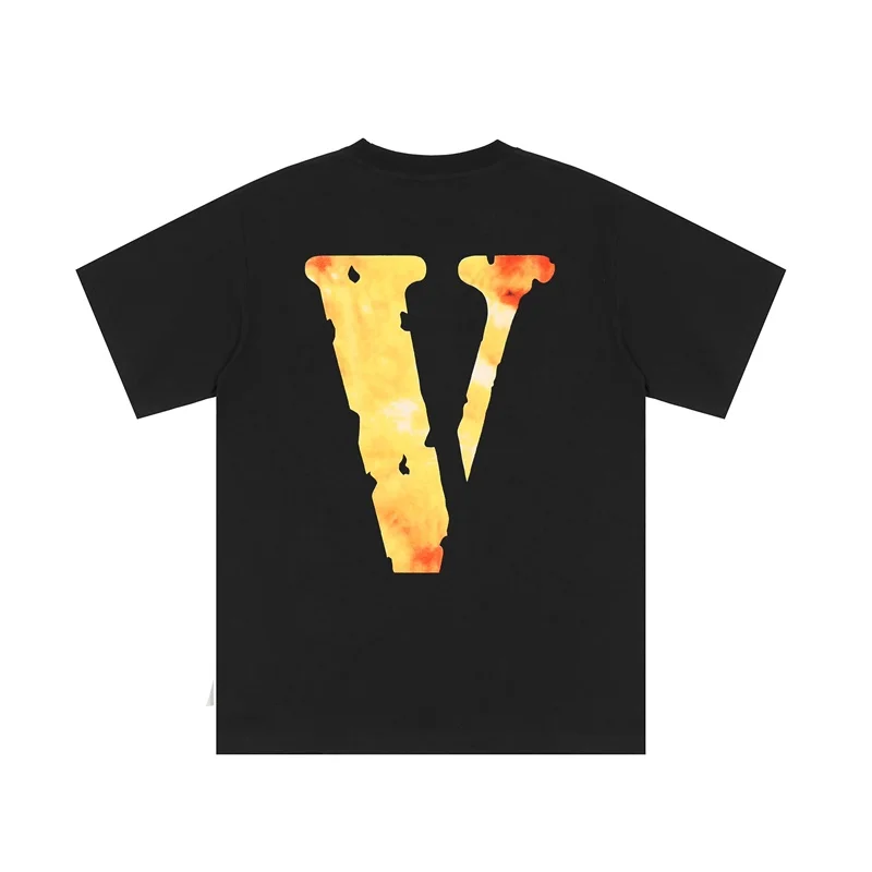 Фото Женская футболка с коротким рукавом Vlone, летняя брендовая футболка с желтыми буквами и принтом в виде пламени, с V-образным вырезом, 22ss №5