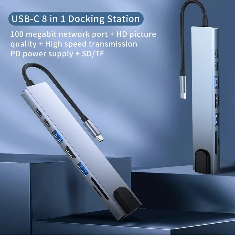 

USB-концентратор 8 в 1, Type-C 3,1-4K HDMI, RJ45, SD/TF