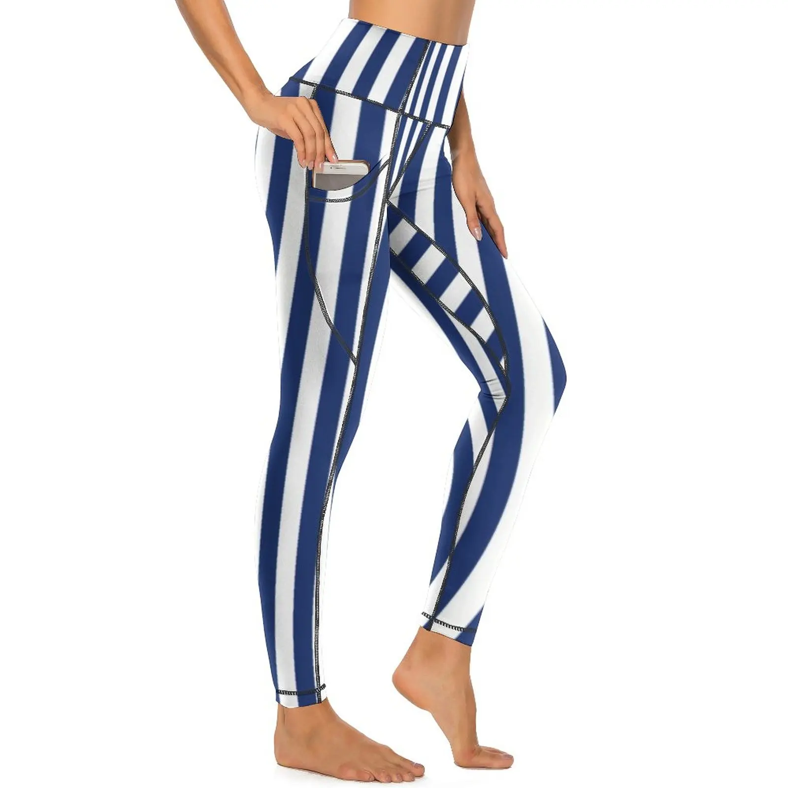

Classic Stripes Leggings Navy Lines Print Push Up Yoga Pants Funny Quick-Dry Yoga Legging Pockets Female Work Out Sport Pants