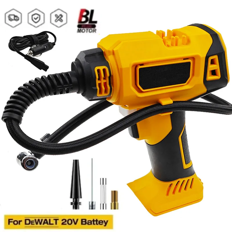 Фото Подходит для аккумуляторного воздушного компрессора DeWALT, автоматического накачивания шин, беспроводной электрический насос с цифровым манометром для автомобиля, велосипеда №1