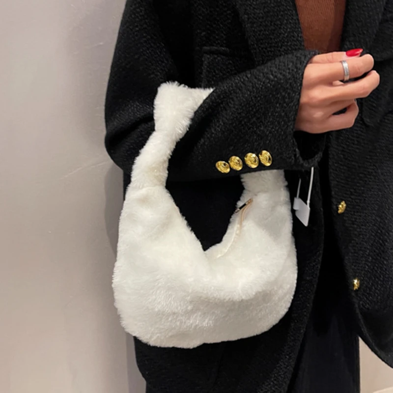 

Модная зимняя женская сумочка-Багет из искусственного меха, женская маленькая Повседневная Сумка-тоут, женская сумка-клатч, сумка