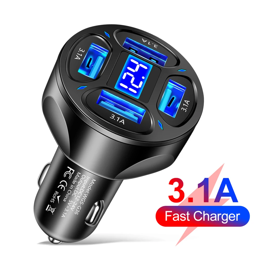 

4Ports Car USB Charger Adapter LED Display Car Phone Charger Adapter 3.1A Universal Fast Charging Accessories For Huawei