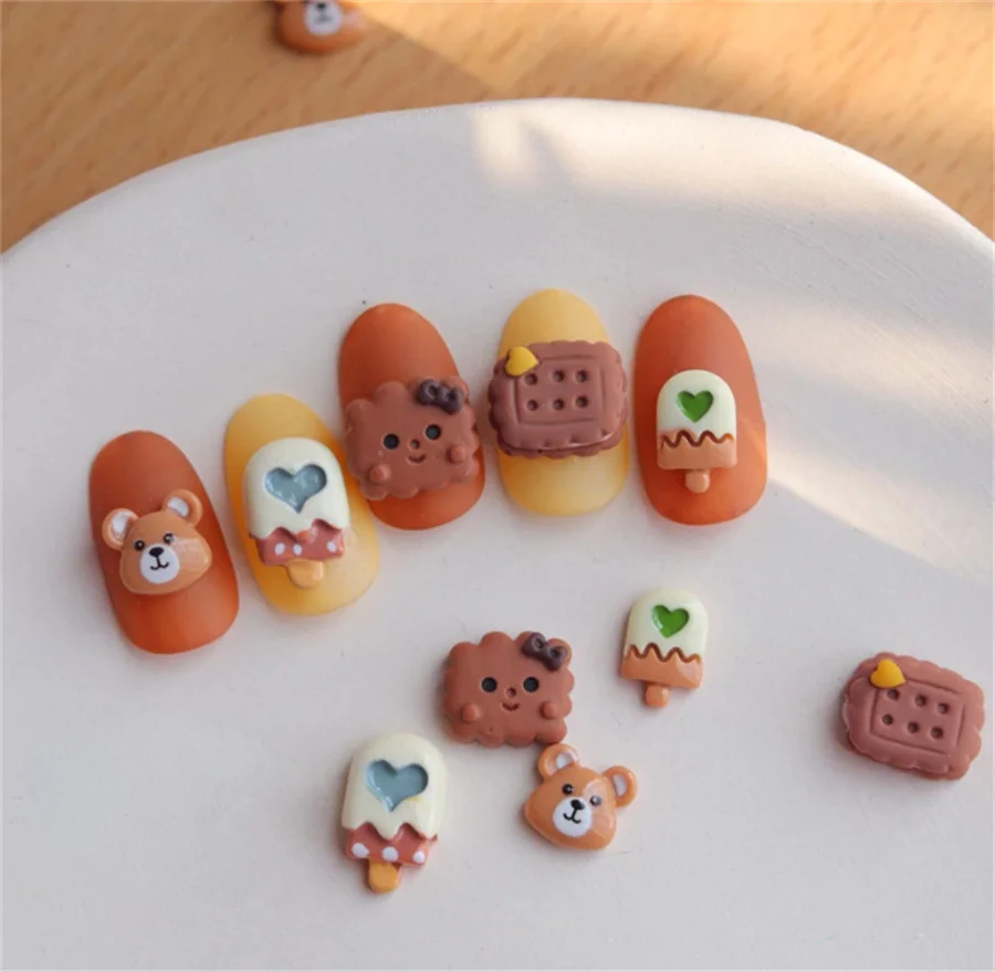 

10pcs Cute Coffee Biscuit Ice Cream Popsicle Bear Nail Art Decorations 3D Smile Cookie Resin Decorative Decals Nail Accessories