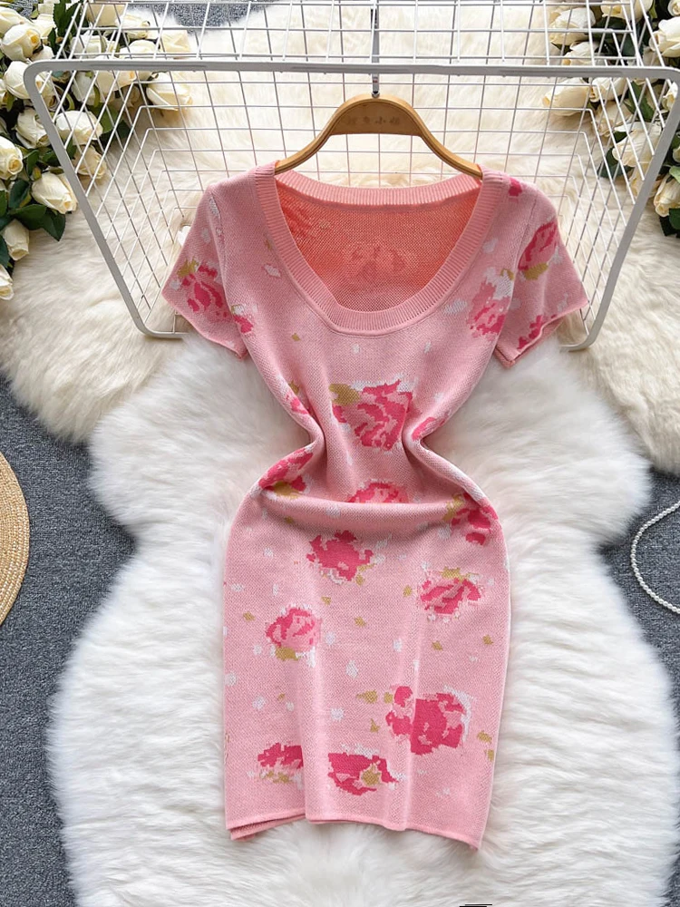 

Foamlina Korean Fashion Summer Women Dress Sweet Pink Floral Print Knitted Dress O-neck Short Sleeve Slim Stretch Bodycon Dress