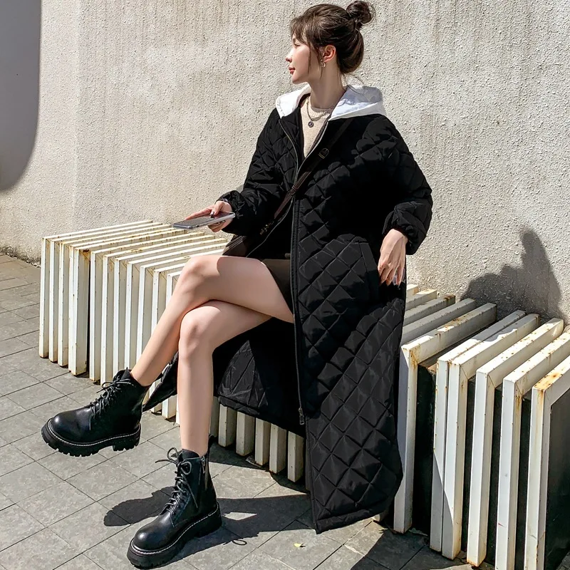 

Женское осенне-зимнее черное пальто цвета хаки с искусственным весом, длинное пальто из хлопка на молнии с капюшоном