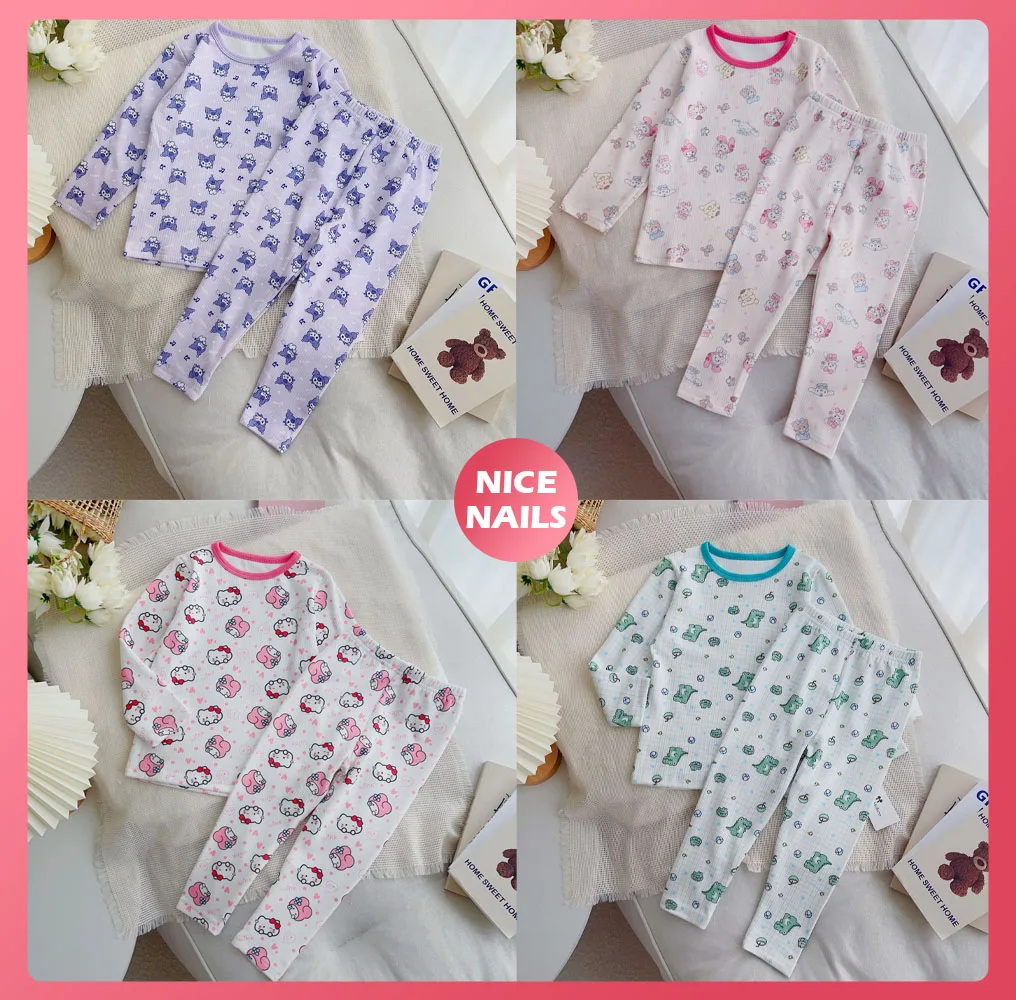 

Kids Long Sleeve Pajama Set Kuromi Mymelody Cartoon Full Print Round Neck Casual Clothing Cotton Top Pants Family Set Underwear