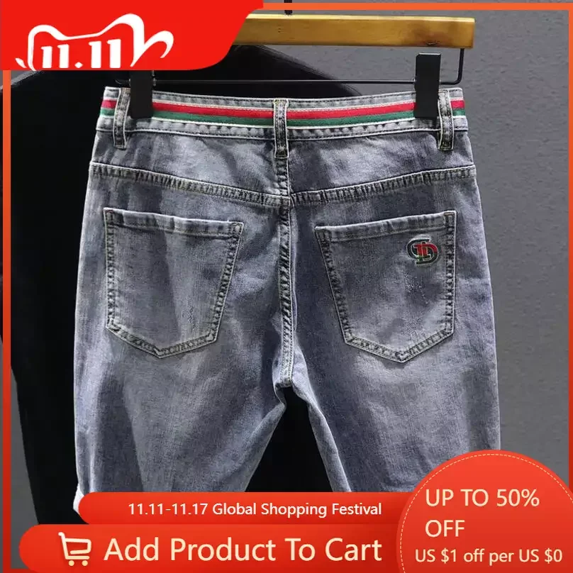 

Men Denim Shorts Blue Jeans Stretch Elastic Jeans Shorts Hight Quality Male Cotton Straight Fit Jeans Shorts Thin Holes Jeans 38