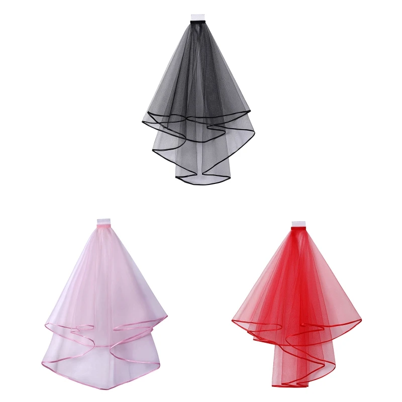 

Double Mesh Tulle Ribbon Edge Women Short Wedding Veil with Comb Bride Headpiece L21E
