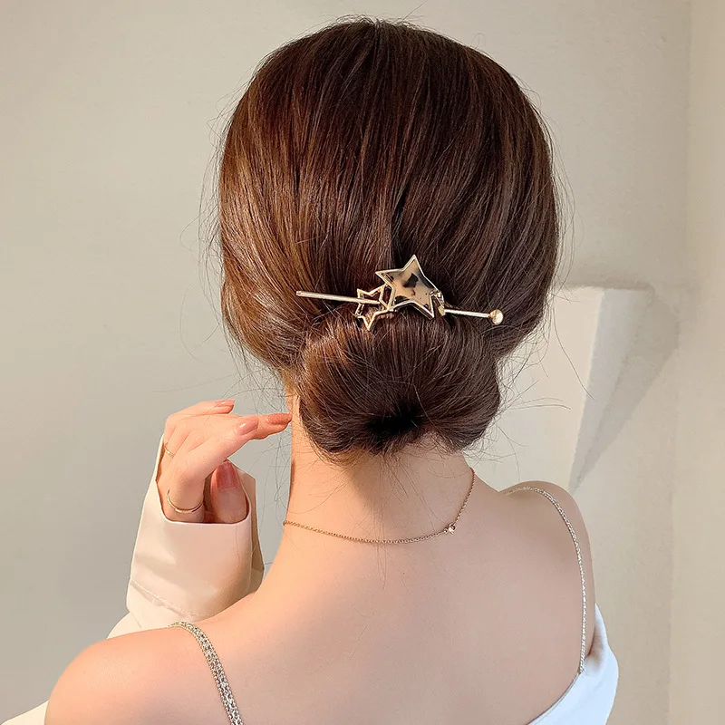 

Korean Elegant Plate Hairpin Alloy One Word Ancient Style Retro Temperament Trend Cold Wind Pearl Hair Fork Headdress