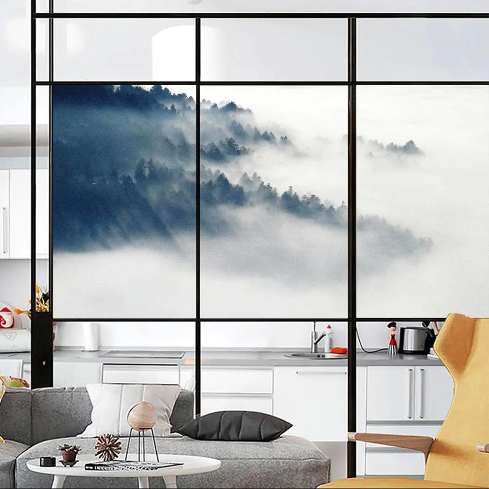 

Privacy Window Film Misty Mountain View Frosted Glass Window Stickers Glue-Free Static Adhesive Glass Film Window Tint