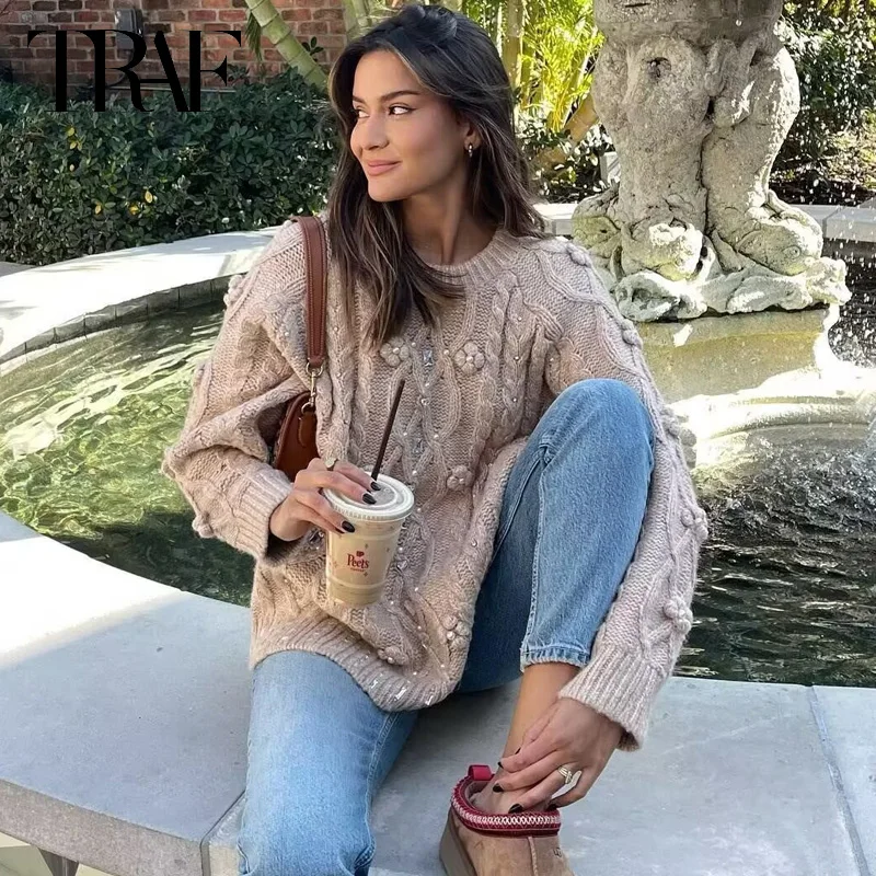 TRAF осень-зима женский вязаный свитер со стразами 2024 с длинными рукавами пуловеры