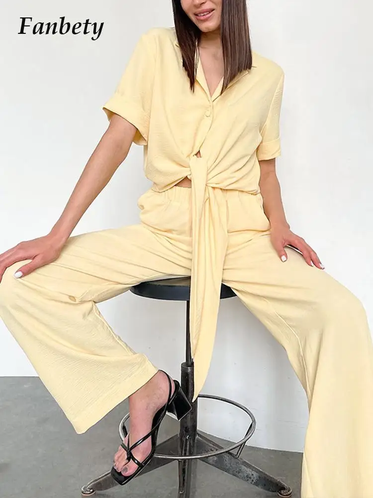 

Женский брючный костюм из двух предметов, модный кремово-желтый костюм с короткими рукавами, длинная рубашка на шнуровке, лето 2022