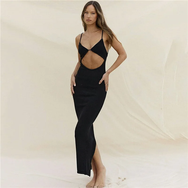 

Women Sexy Cut Out Backless Long Dress Woman Summer Sleeveless Strappy Dresses Solid Color Stretchy High Split Sundress New