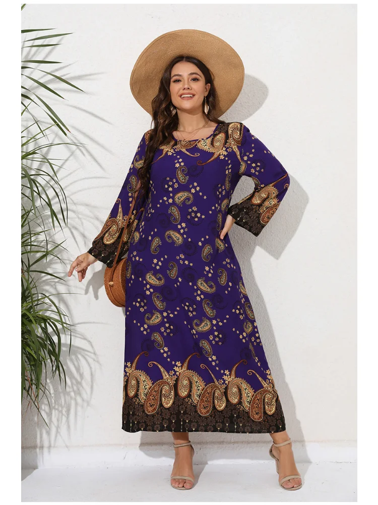 Middle East new large size long sleeve dress women's spring and autumn cashew nut print loose and slim skirt plus size dresses