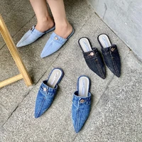 blue denim cloth slippers pointed toe outdoor slides slingback mules slip on flats simple women shoes zapatillas mujer