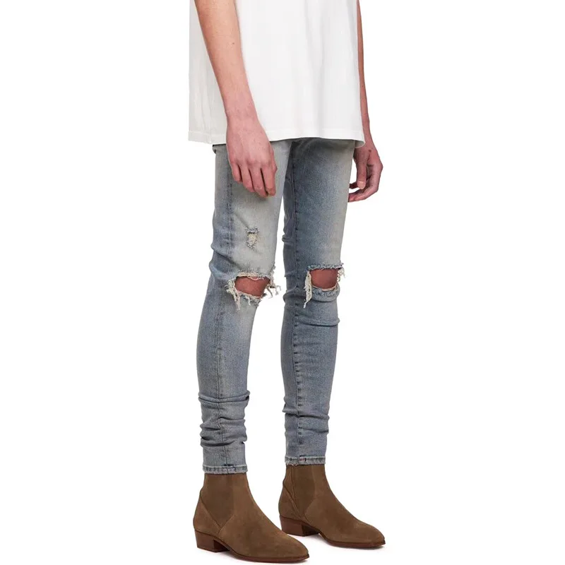 Men's New High Quality Destroyed Pants Can Be Used To Make Old Blue Holes Slim Fit Stretch Jeans with Small Feet Men's Fashion